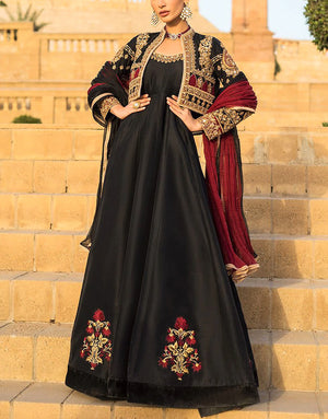 Handwork & Luxury Embroidered Black Silk Maxi Dress