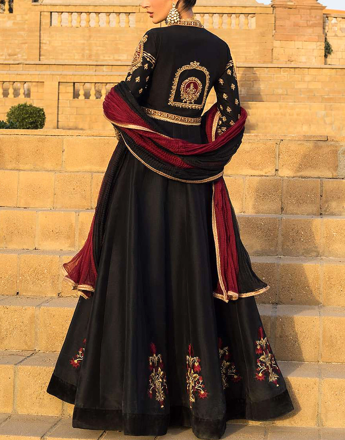 Handwork & Luxury Embroidered Black Silk Maxi Dress