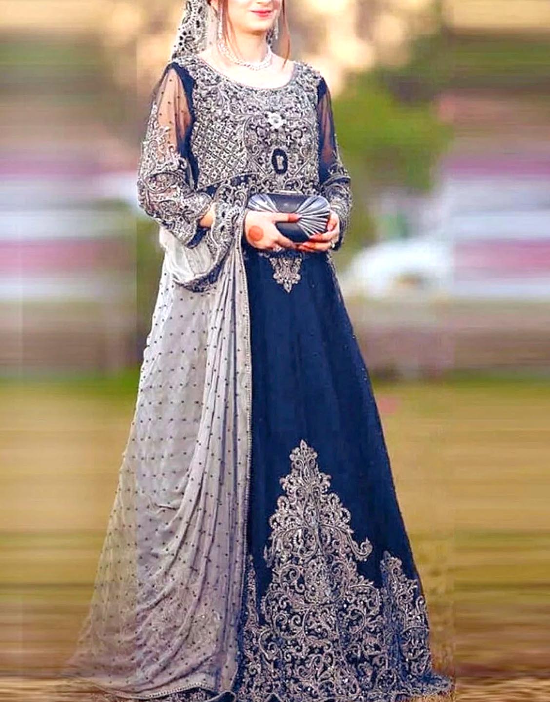 Handwork Heavy Embroidered Navy Blue Chiffon Maxi Dress – Best