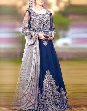 Handwork Heavy Embroidered Navy Blue Chiffon Maxi Dress