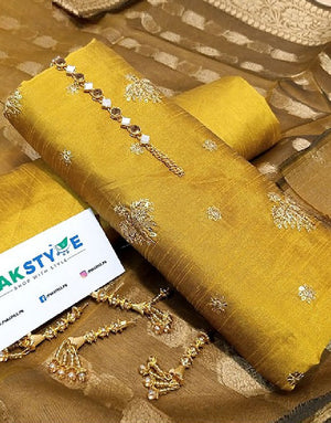 Banarsi Style Embroidered Raw Silk Dress with Organza Jacquard Dupatta