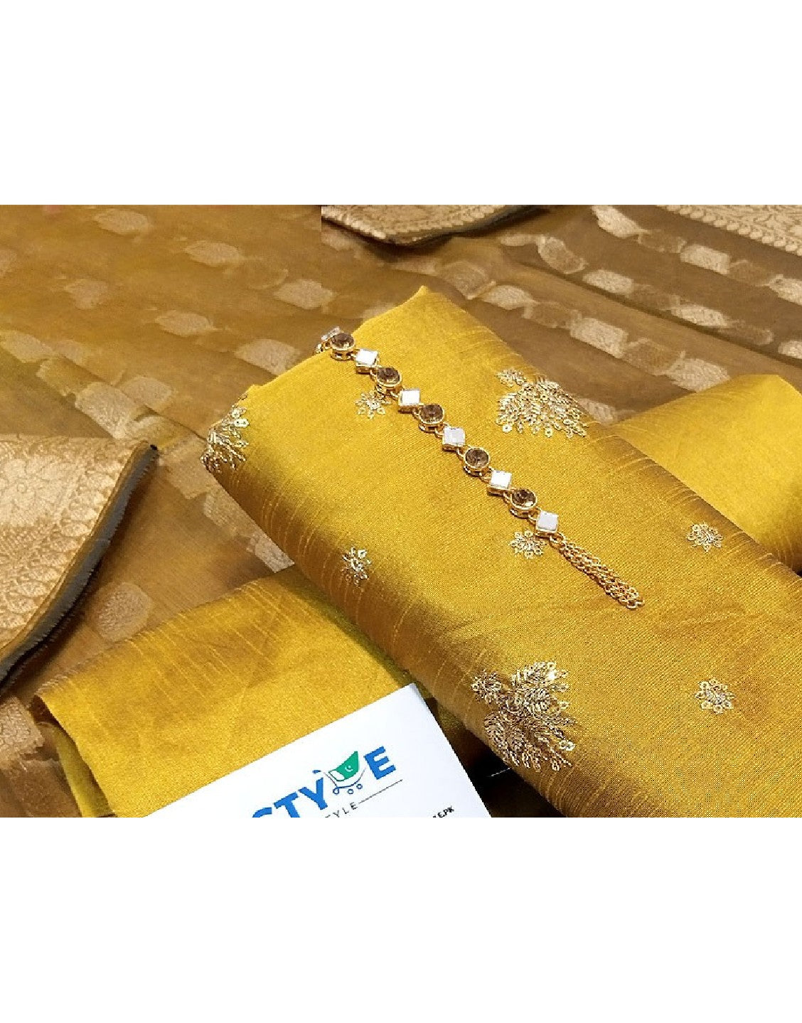 Banarsi Style Embroidered Raw Silk Dress with Organza Jacquard Dupatta