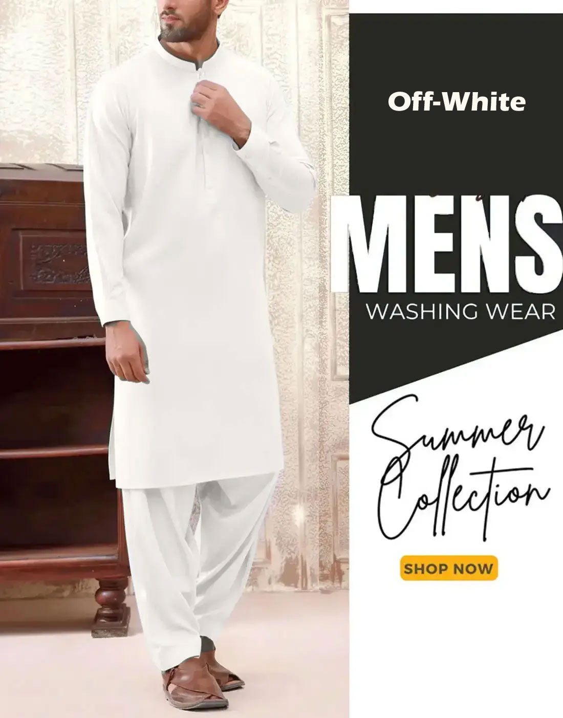 Italian Boski Off-White Wash & Wear Men’s Shalwar Kameez – Unstitched Formal & Eid Suit