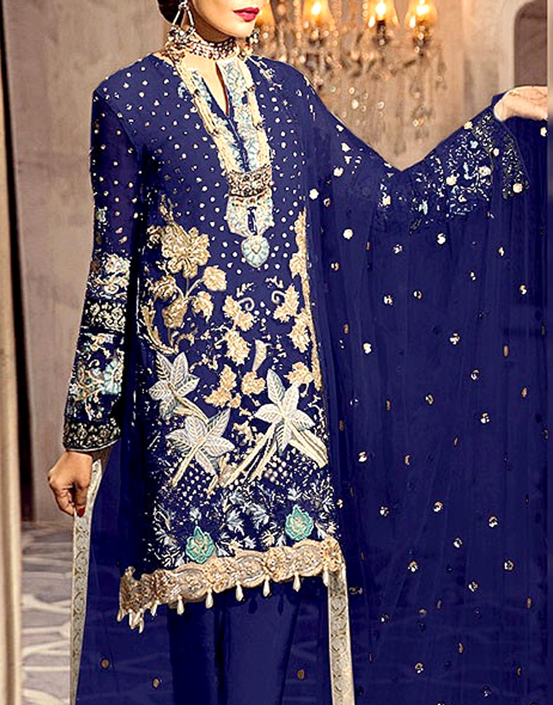 Heavy Embroidered with Handwork Navy Blue Chiffon Wedding Dress