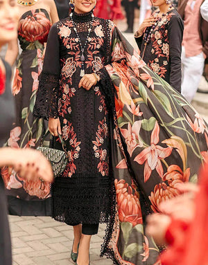 Luxury Schiffli Embroidered Black Lawn Dress with Digital Print Silk Dupatta