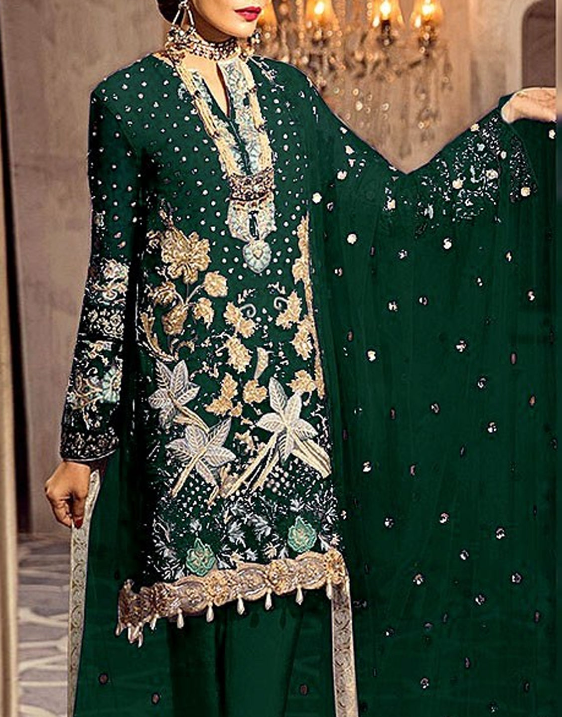 Heavy Embroidered with Handwork Bottle Green Chiffon Wedding Dress