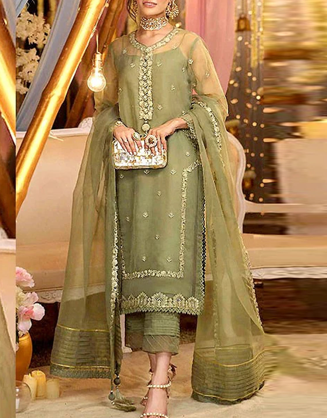 Handwork Embroidered Organza Party Wear Dress 2023 with Inner