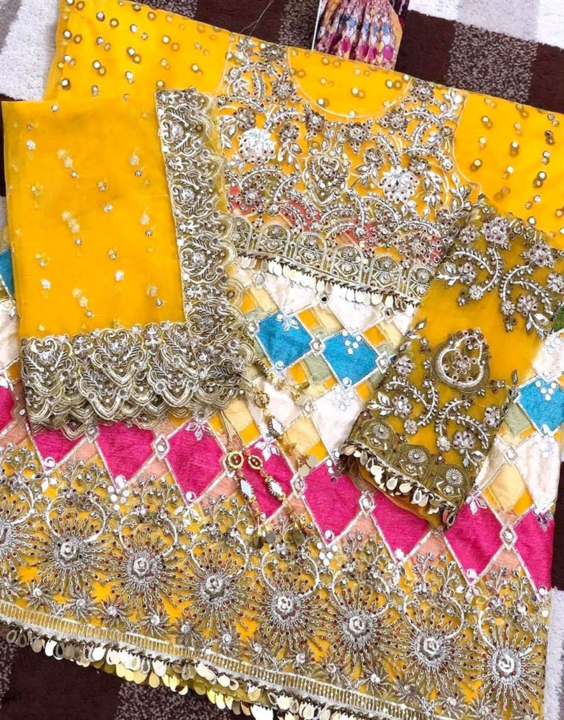 Luxury Mirror Work & Hand Embroidered Yellow Net Bridal Lehenga Dress for Mayun & Mehndi Events