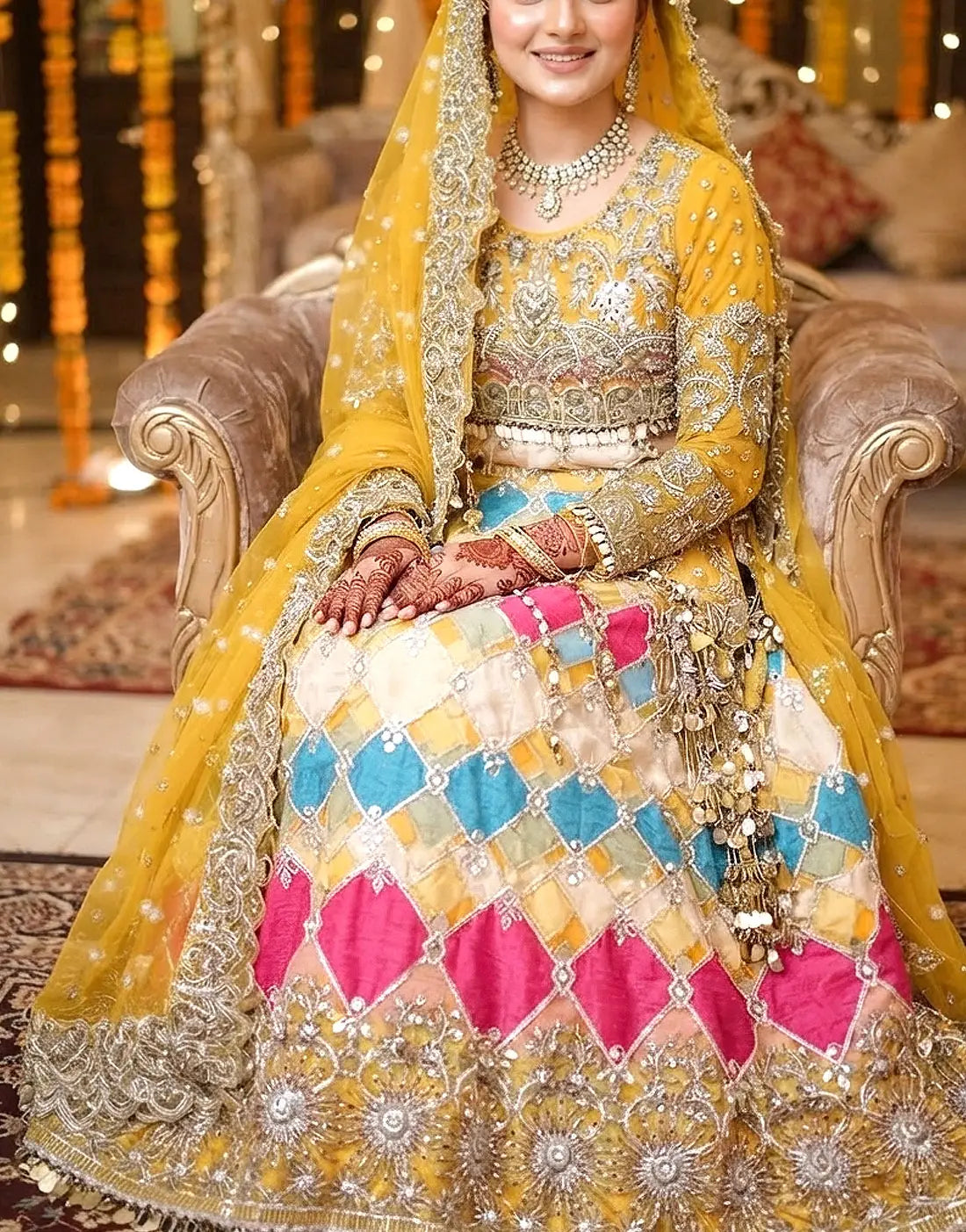 Luxury Mirror Work & Hand Embroidered Yellow Net Bridal Lehenga Dress for Mayun & Mehndi Events