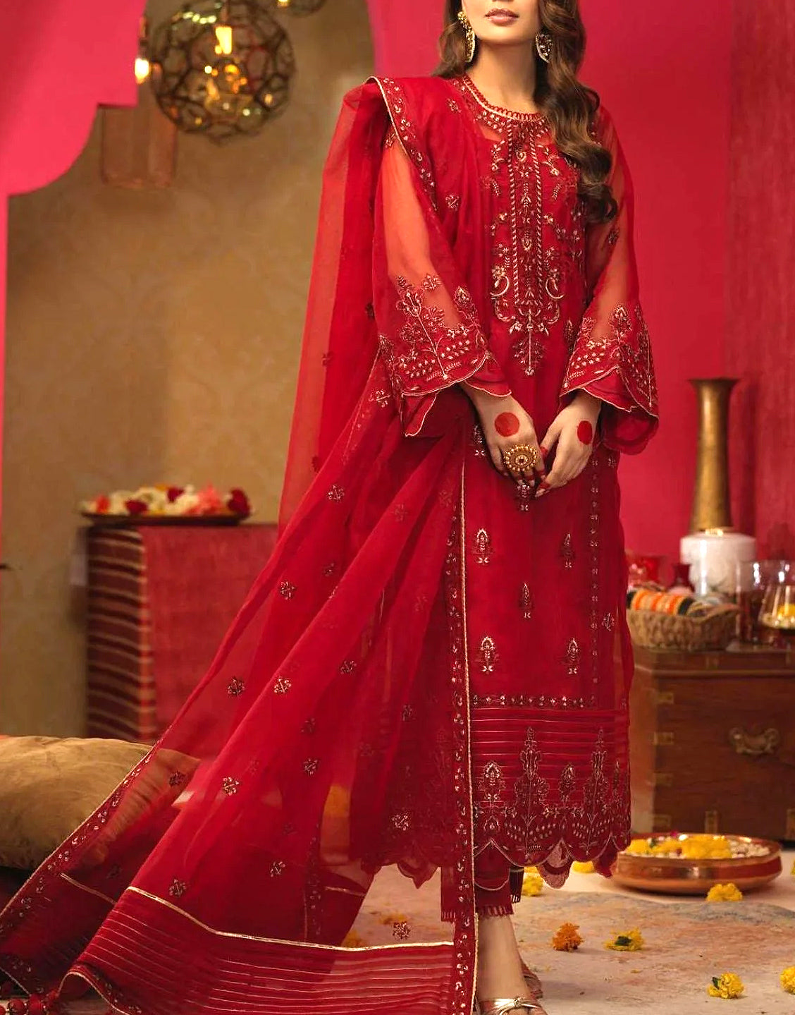 Handwork Heavy Embroidered Organza Wedding Dress with Inner