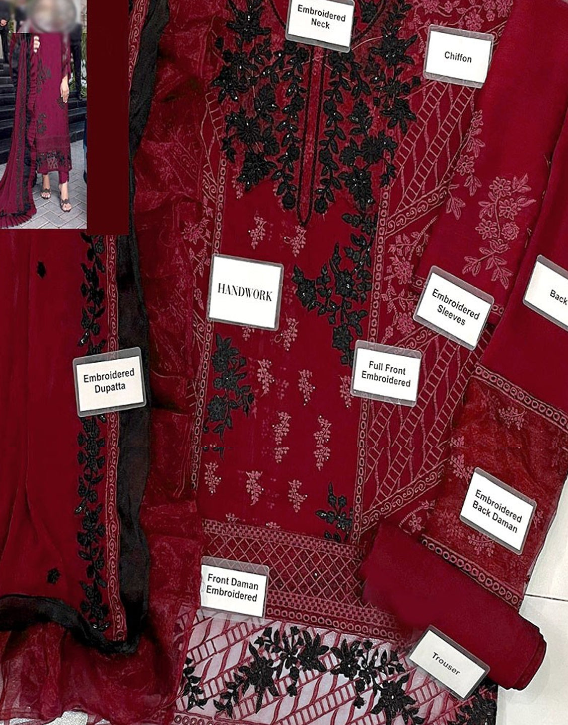 Heavy Embroidered Maroon Chiffon Party Wear Dress with Chiffon Dupatta