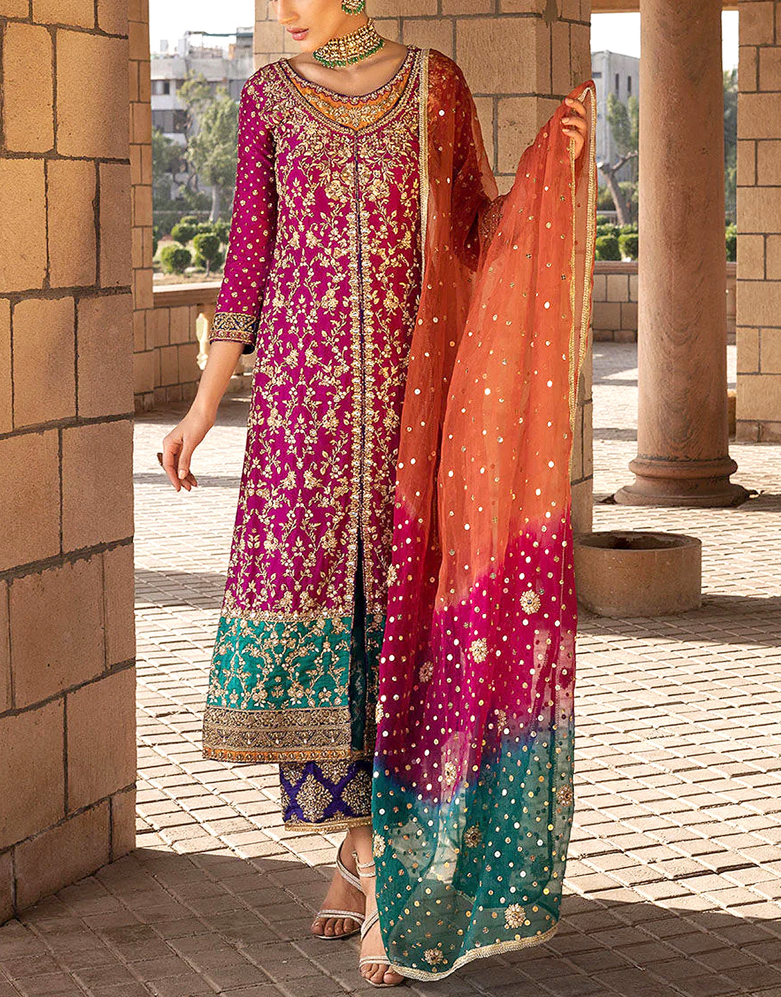 Heavy Embroidered Chiffon Party Wear Dress with Embroidered Silk Trouser