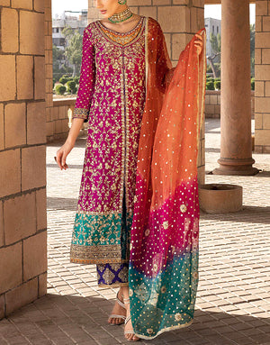 Heavy Embroidered Chiffon Party Wear Dress with Embroidered Silk Trouser