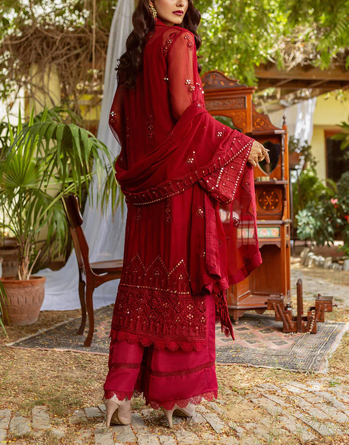 Heavy Embroidered Chiffon Wedding Dress with Embroidered Chiffon Dupatta