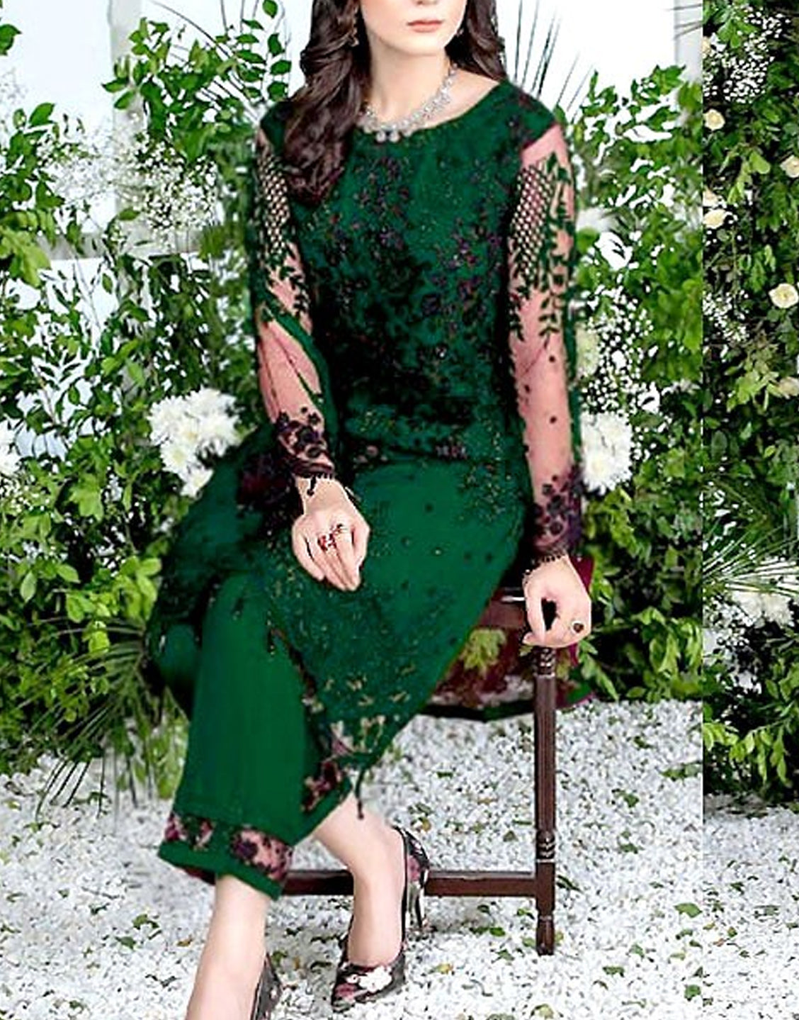 2-Piece Fancy Embroidered Net Party Wear Dress Bottle Green