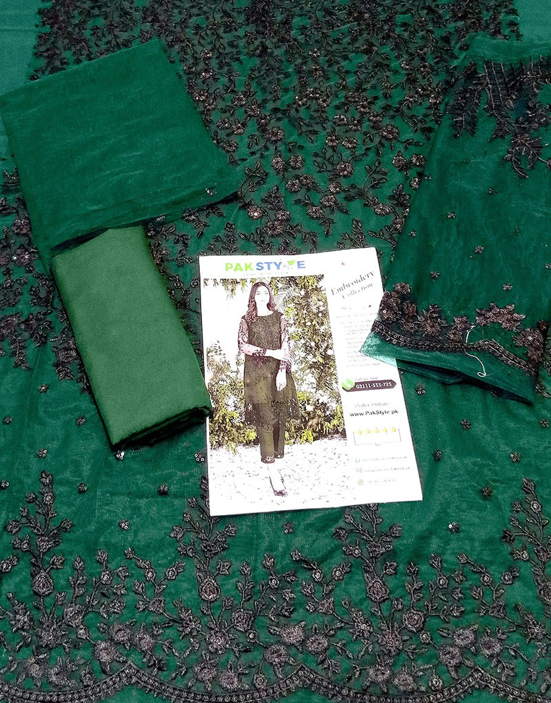 2-Piece Fancy Embroidered Net Party Wear Dress - Bottle Green