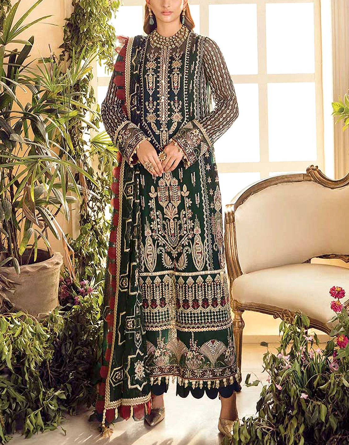 Luxury Heavy Embroidered Green Chiffon Wedding Dress 2022