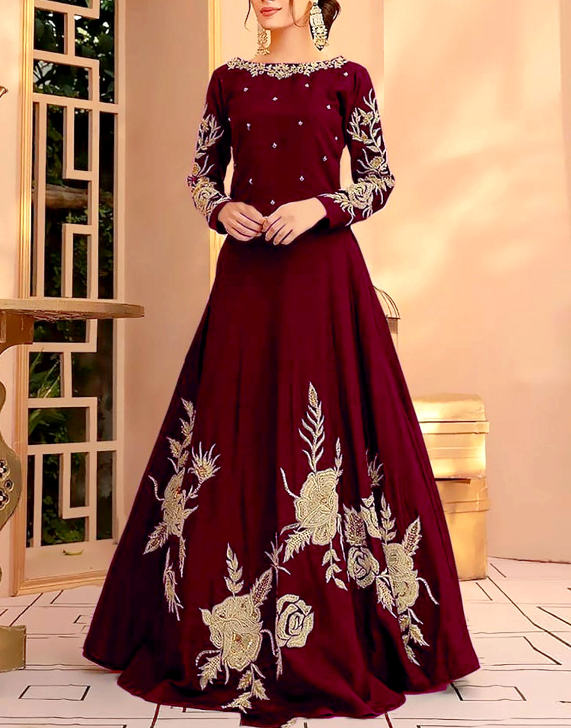 Readymade Embroidered Maroon Shamoz Silk Maxi – Best Price Online in  Pakistan