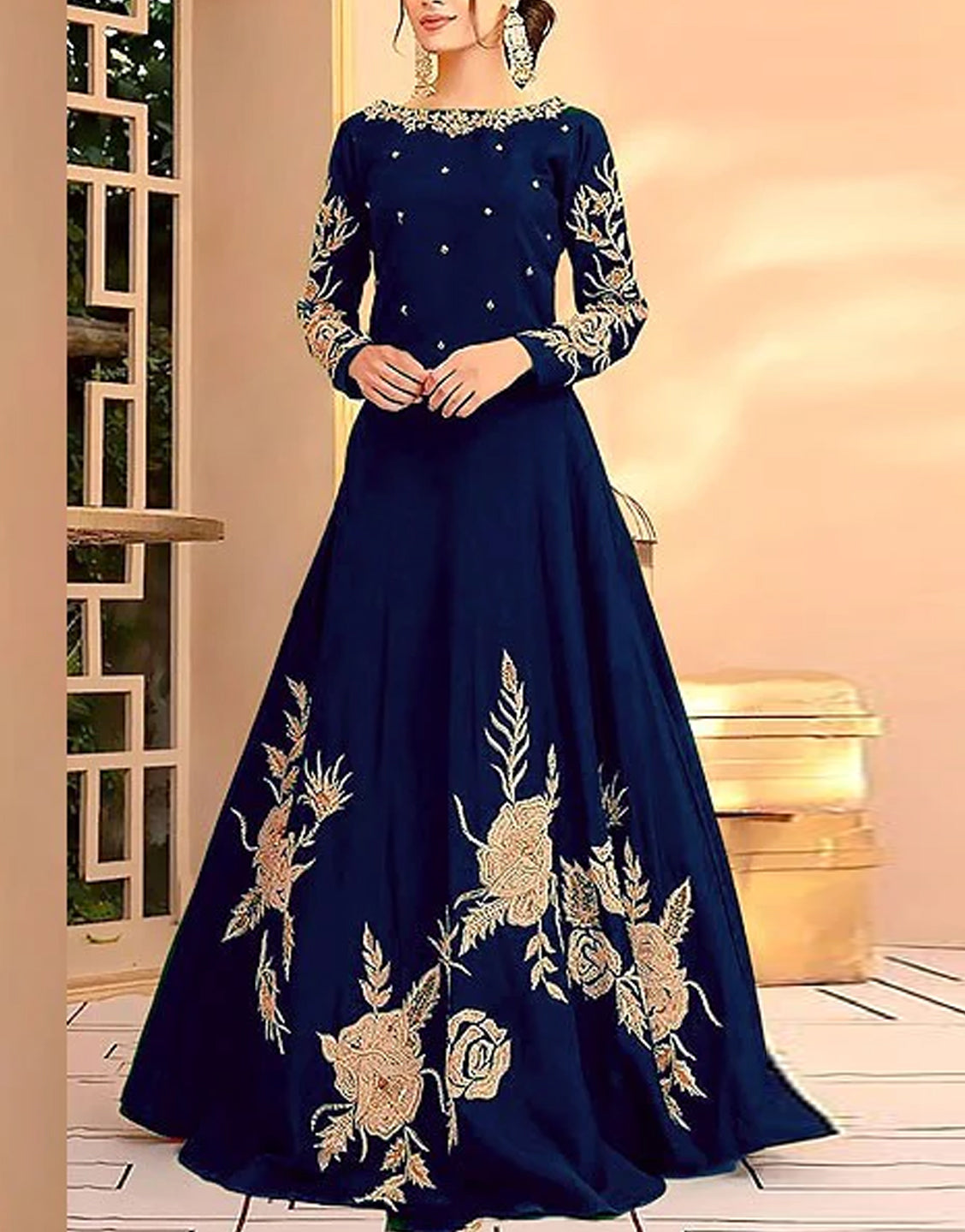 Readymade Embroidered Navy Blue Shamoz Silk Maxi