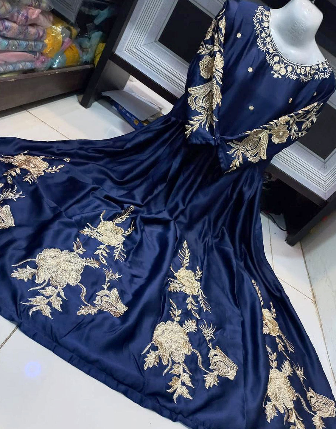 Readymade Embroidered Navy Blue Shamoz Silk Maxi