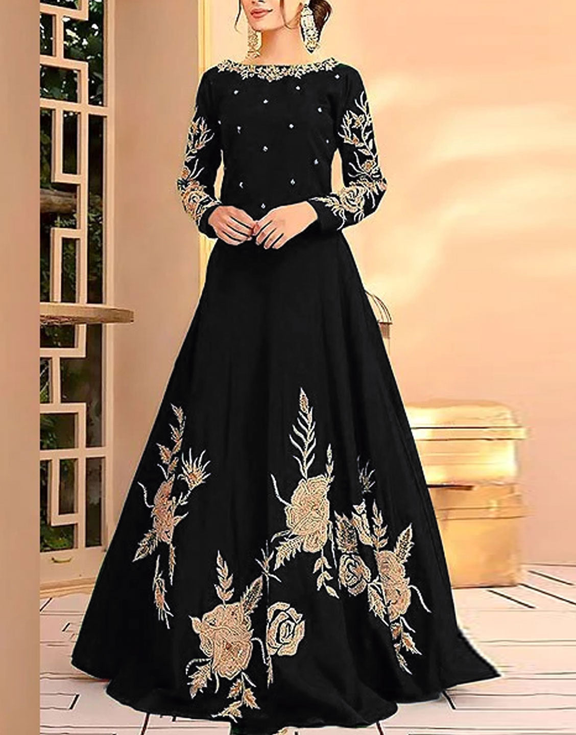 Readymade Embroidered Black Shamoz Silk Maxi