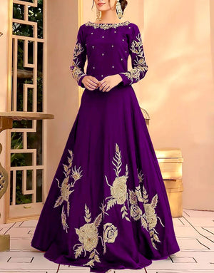 Readymade Embroidered Purple Shamoz Silk Maxi