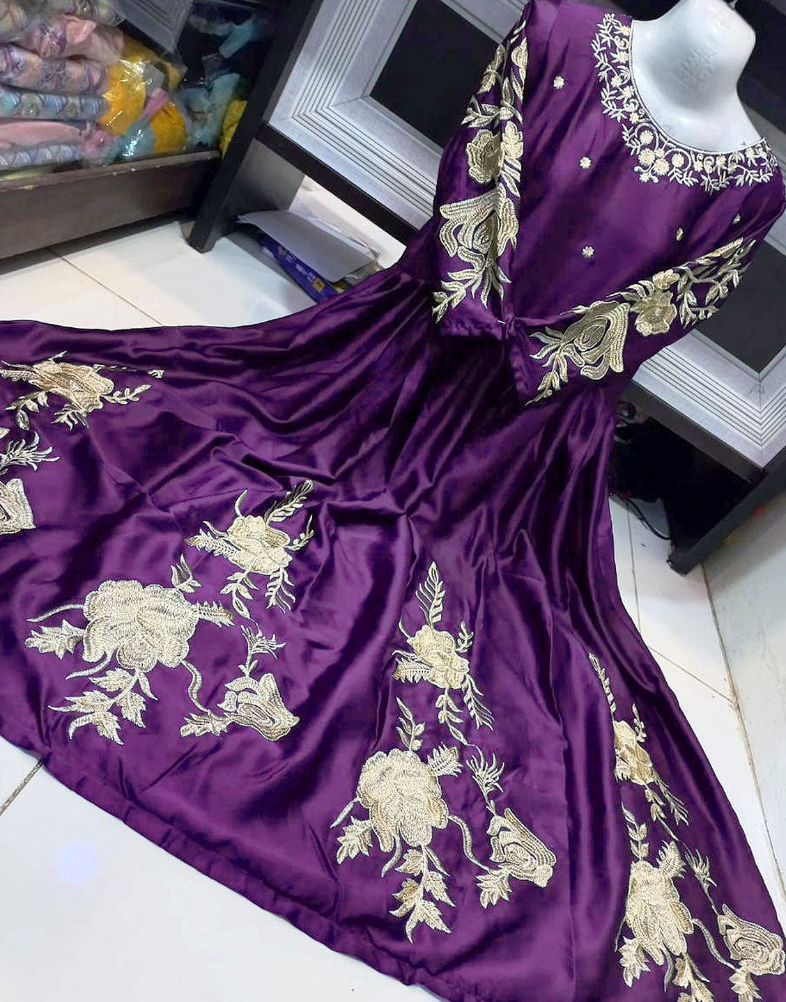 Readymade Embroidered Purple Shamoz Silk Maxi