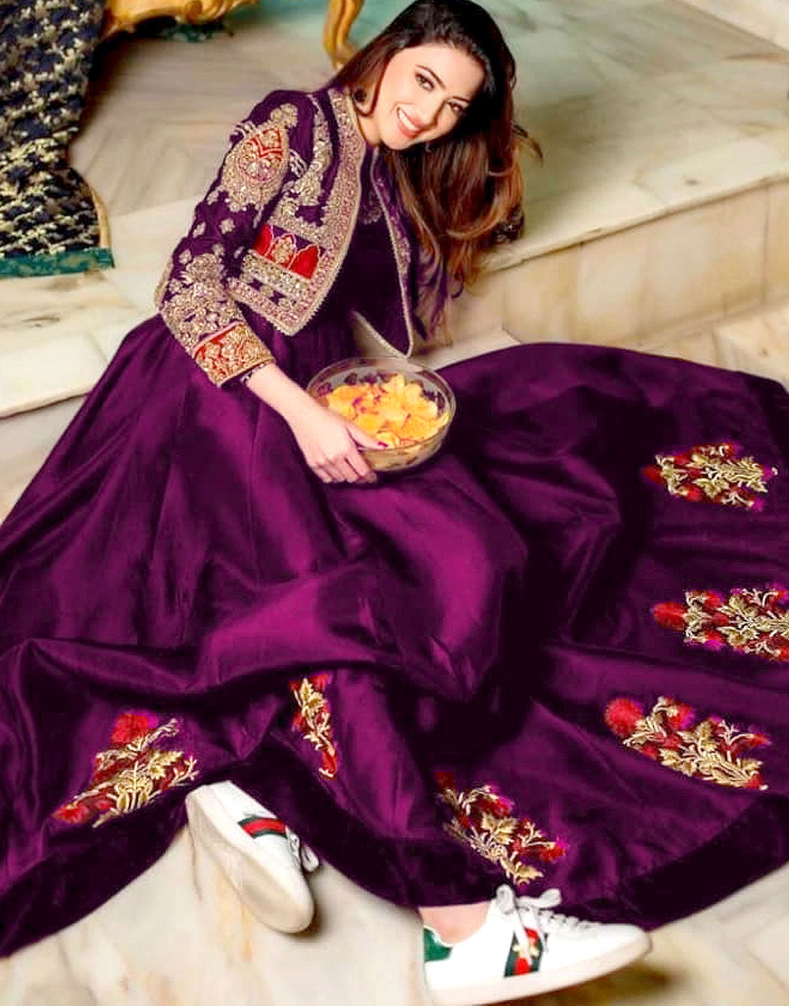 Readymade Koti Style Embroidered Shamoz Silk Maxi