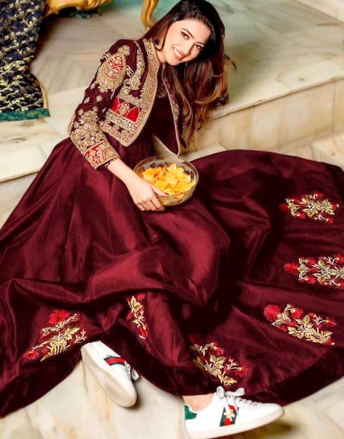 Readymade Koti Style Embroidered Shamoz Silk Maxi