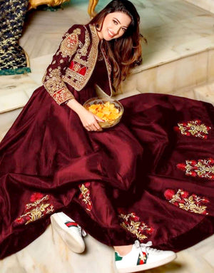 Readymade Koti Style Embroidered Shamoz Silk Maxi