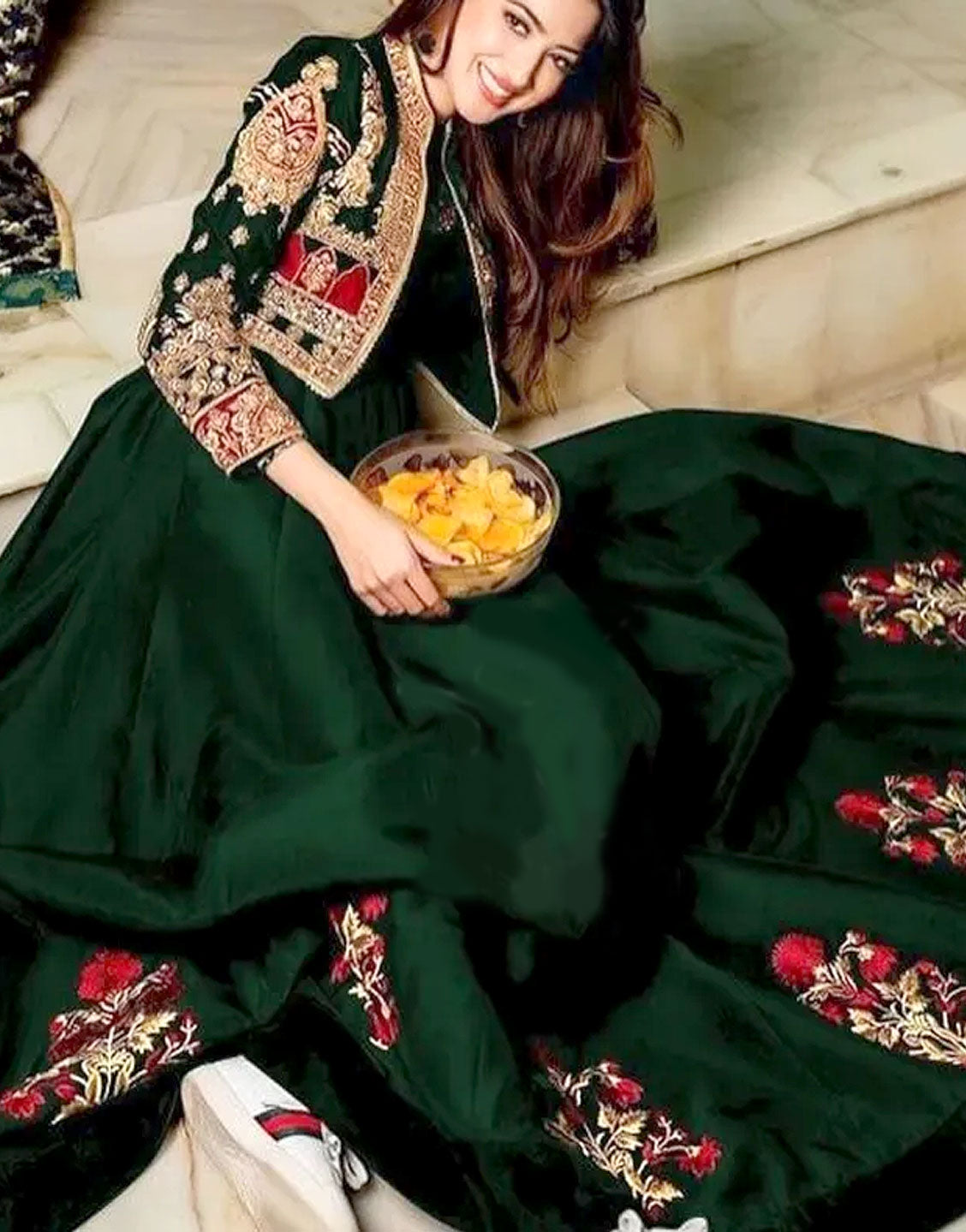 Readymade Koti Style Embroidered Shamoz Silk Maxi