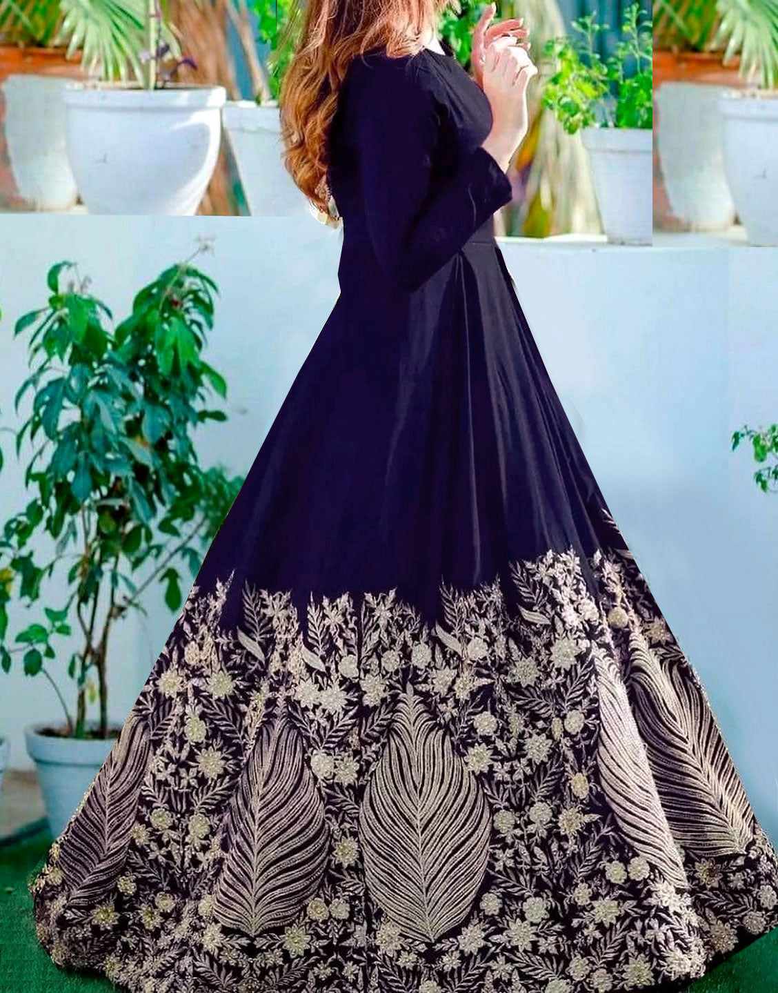 Readymade Embroidered Navy Blue Chiffon Maxi with Inner
