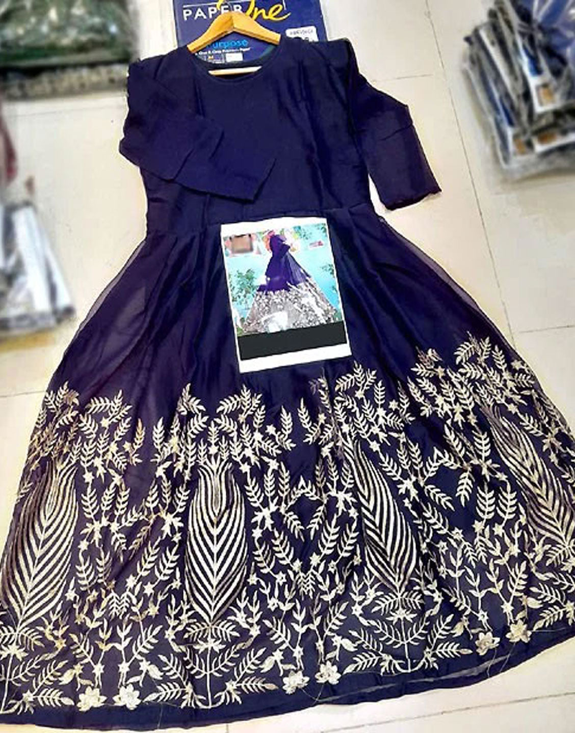 Readymade Embroidered Navy Blue Chiffon Maxi with Inner