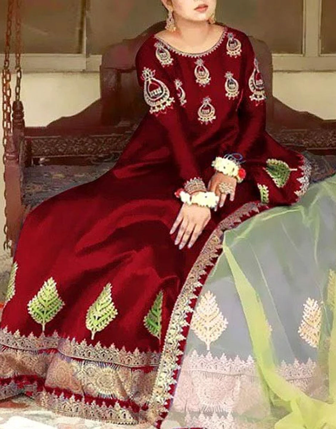 Readymade 3-Piece Embroidered Maroon Silk Maxi Dress with Embroidered Organza Dupatta