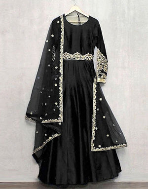 Readymade 3-Piece Embroidered Silk Maxi Dress with Embroidered Chiffon Dupatta