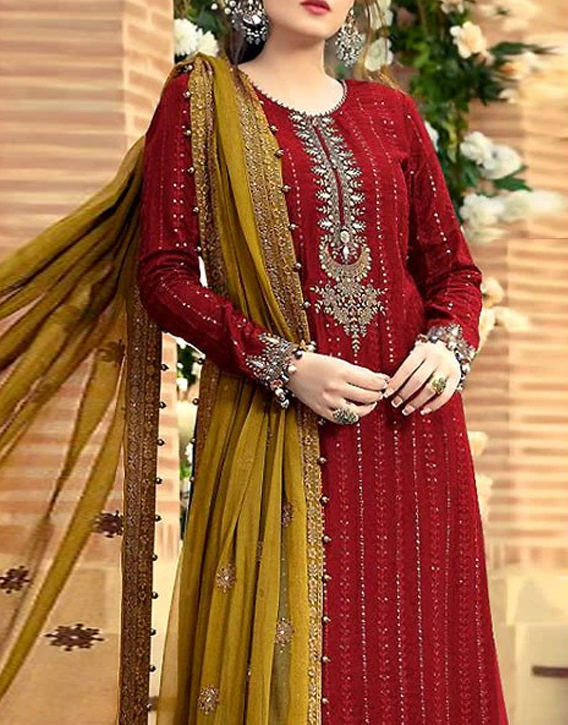 Heavy Embroidered Maroon Chiffon Party Dress