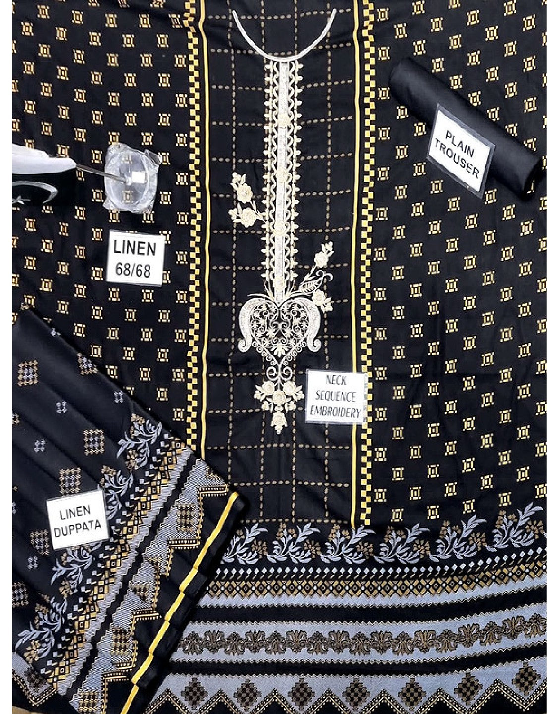 Elegant Sequins Embroidered Linen Dress with Linen Dupatta