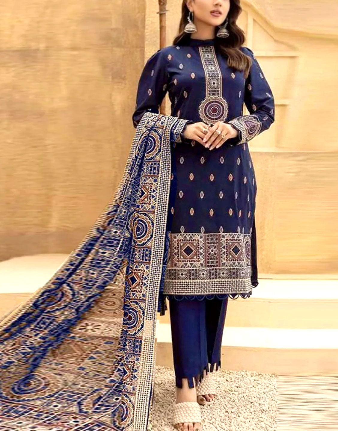 Heavy Embroidered Dhanak Dress with Wool Shawl