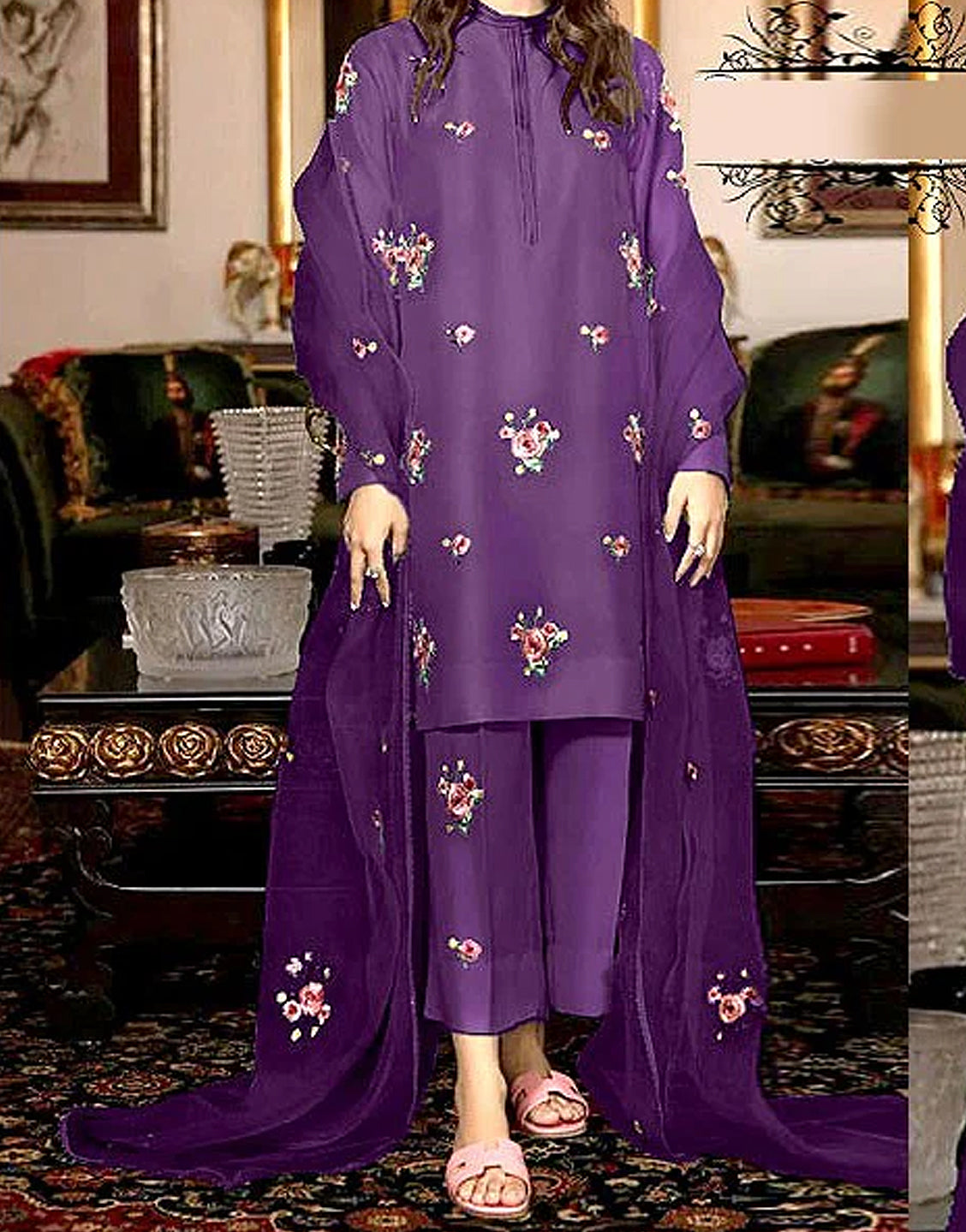 Sequins Embroidered Katan Silk Suit 2022 with Embroidered Organza Dupatta