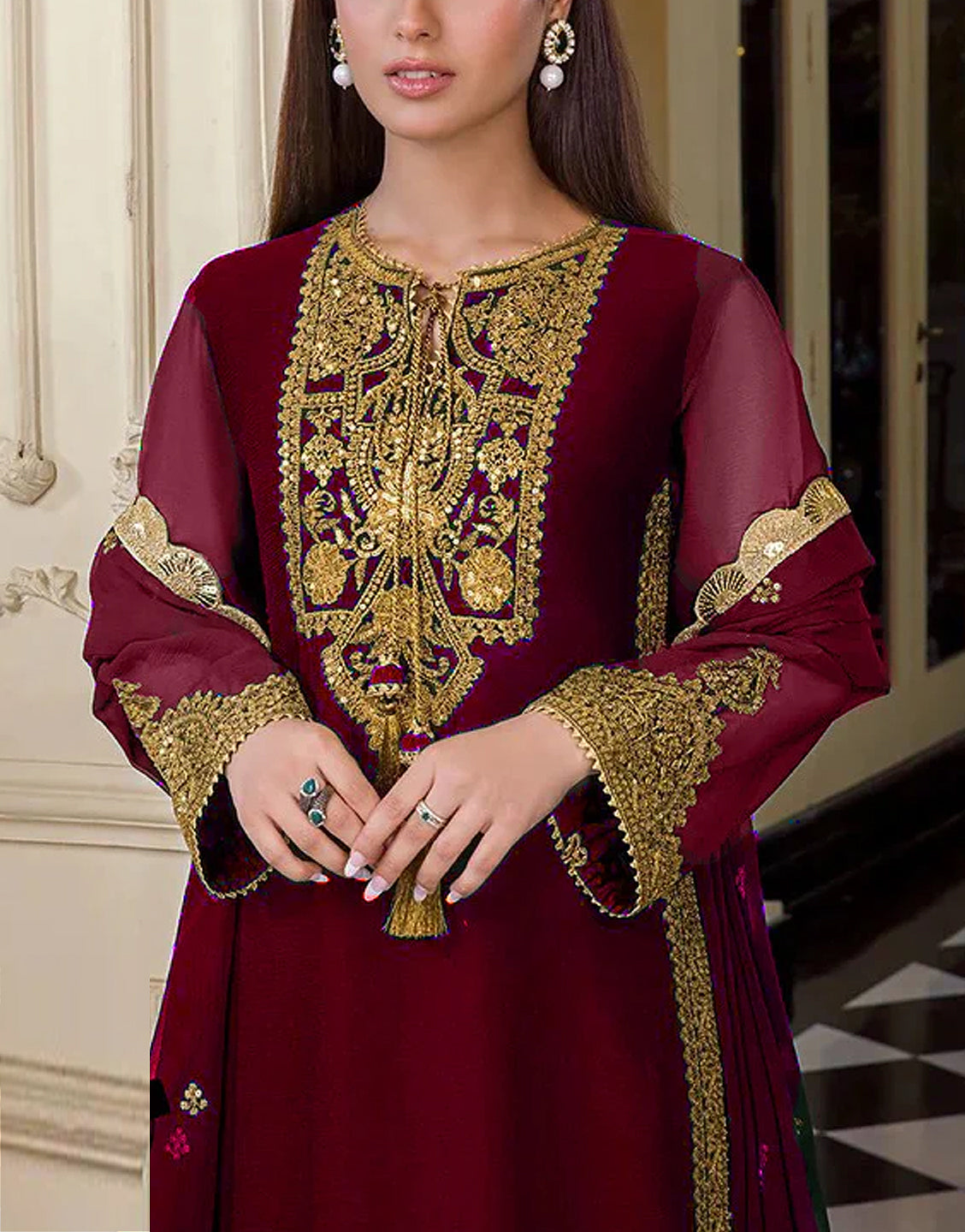 Elegant Embroidered Maroon Chiffon Party Dress