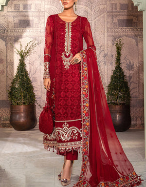 Luxury Heavy Embroidered Red Chiffon Wedding Dress 2022