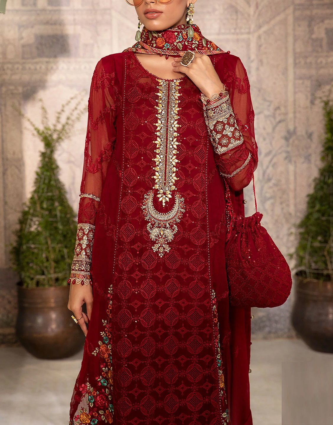 Luxury Heavy Embroidered Red Chiffon Wedding Dress