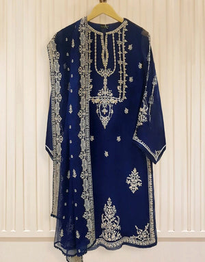 Handwork Heavy Embroidered Navy Blue Chiffon Wedding Dress 2024