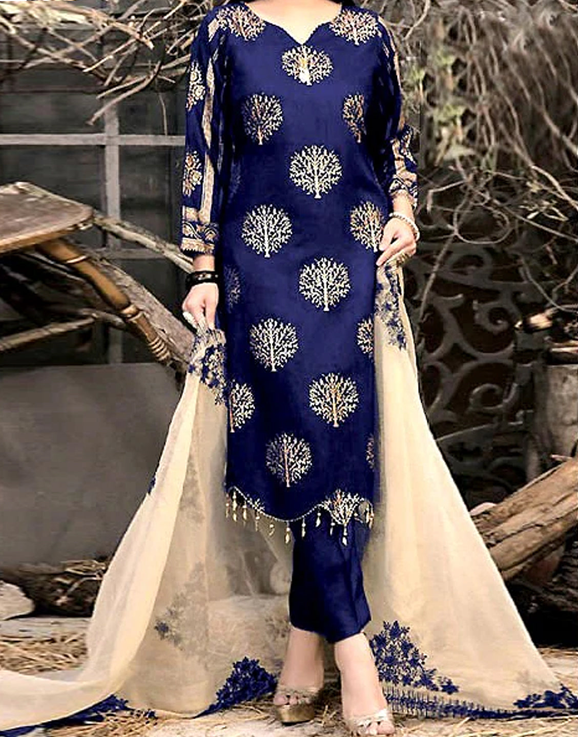 katan silk dress design Girls Blue Katan Silk Dress with Gota Work- Stitched