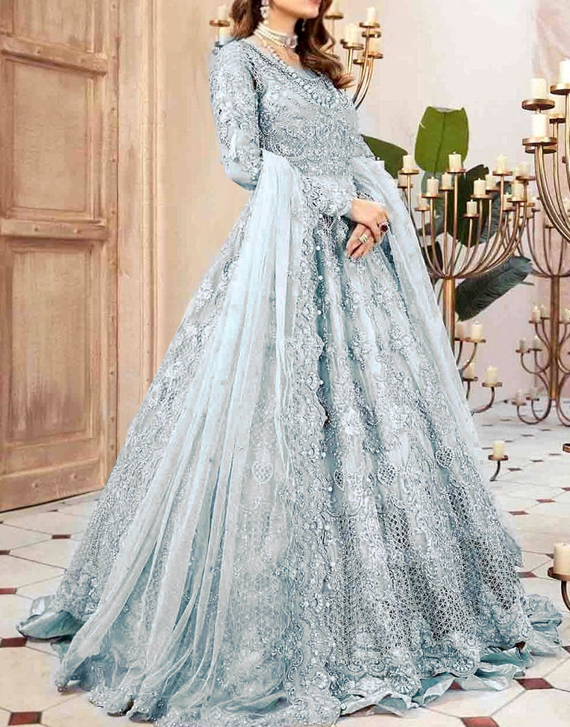 Luxurious 3D Handwork & Embroidered Light Blue Net Bridal Maxi Dress