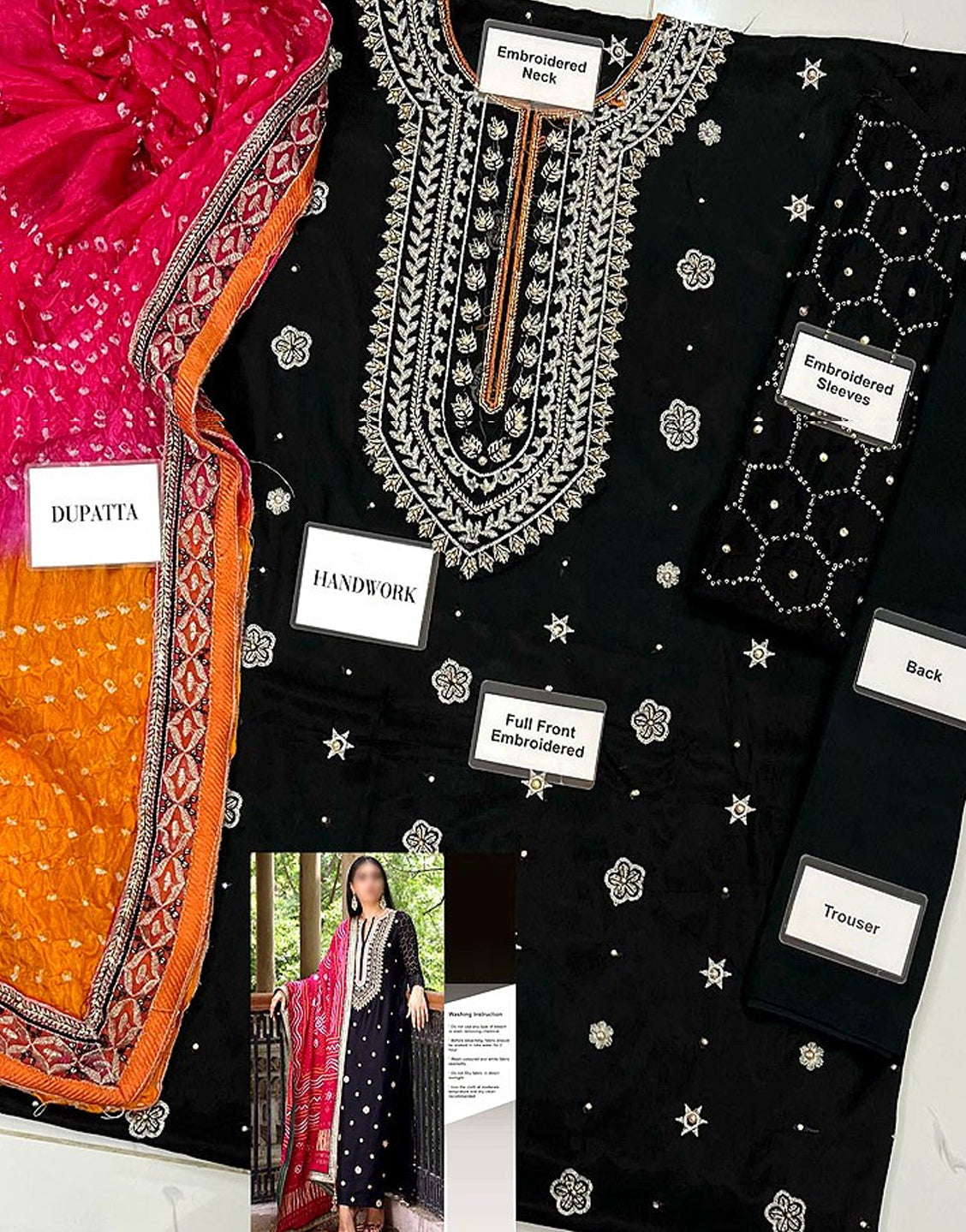 Handwork Heavy Embroidered Black Raw Silk Dress