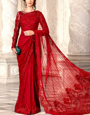 Luxury 3D Handwork Embroidered Red NET Saree