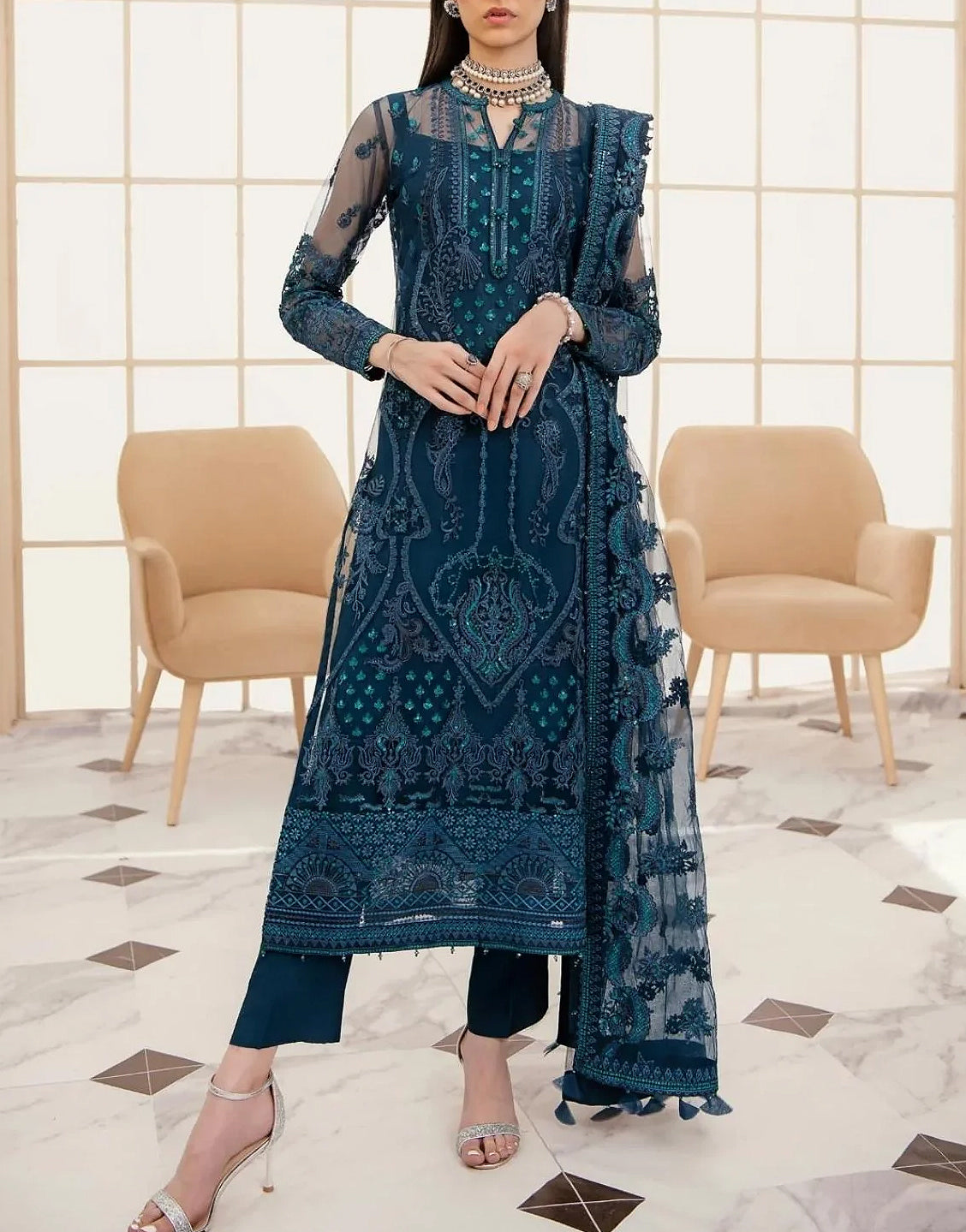 Heavy Embroidered Formal Net Wedding Dress 2024