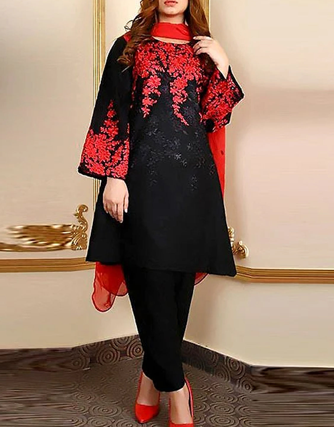 red and black dresses pakistani Red And Black Embroidered Pakistani Salwar Suit plus-size