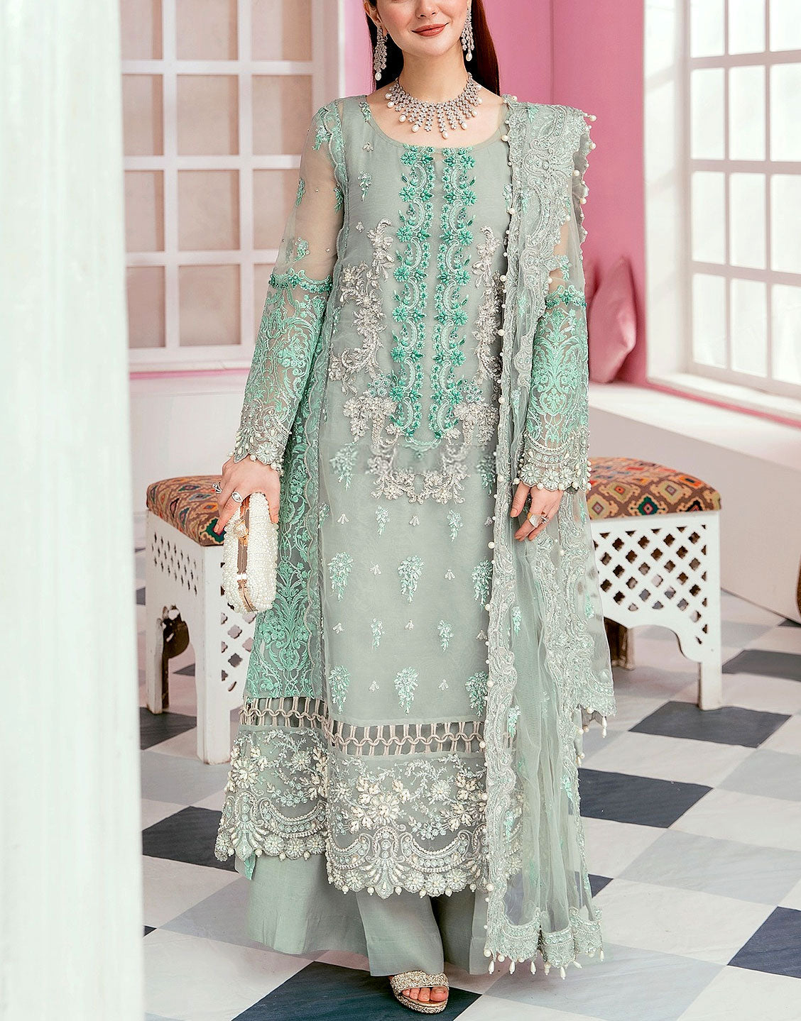 Heavy Embroidered with Handwork Mint Green Organza Dress for Formal & Wedding Events Best Price Online in Pakistan Heavy Embroidered with Handwork Mint Green Organza Dress for Formal & Wedding Events Best Price Online in Pakistan